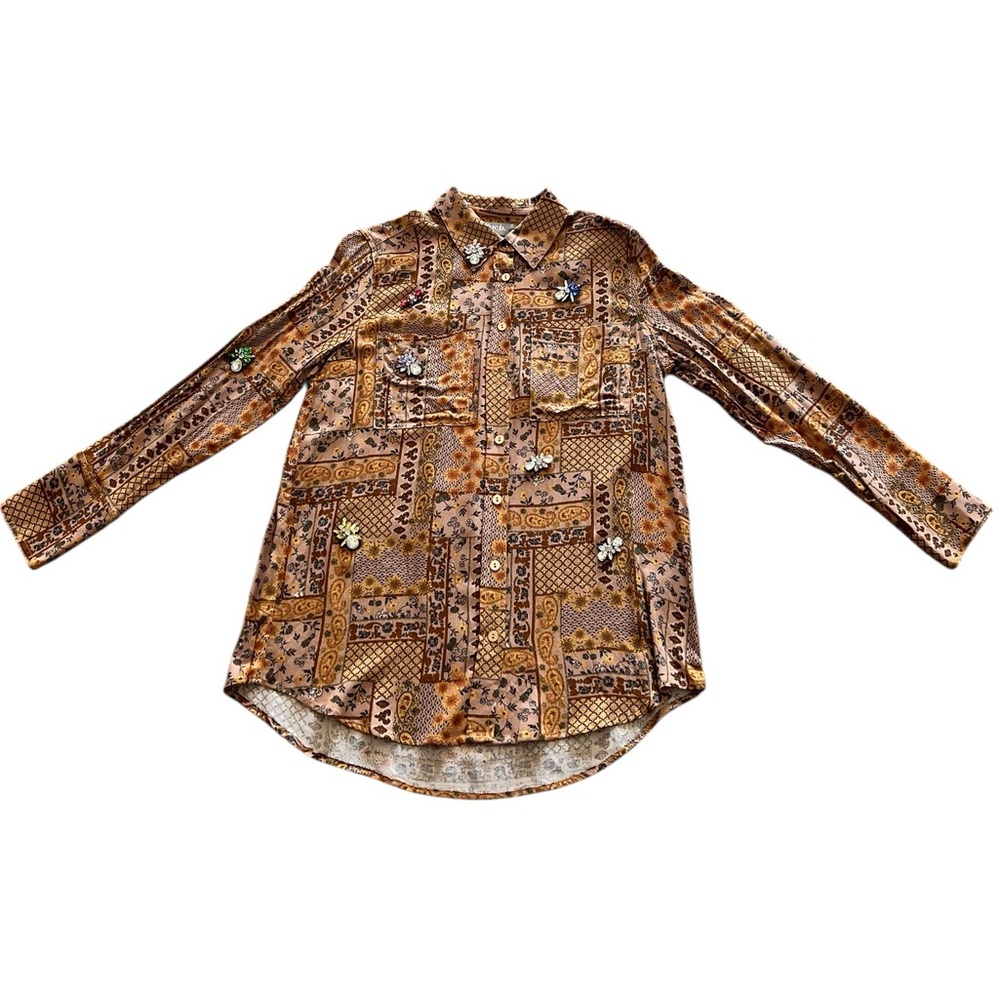 NEW blue b Brown Burnt Orange Navy Paisley Jeweled Rhinestone Button Up Shirt - Picture 2 of 5